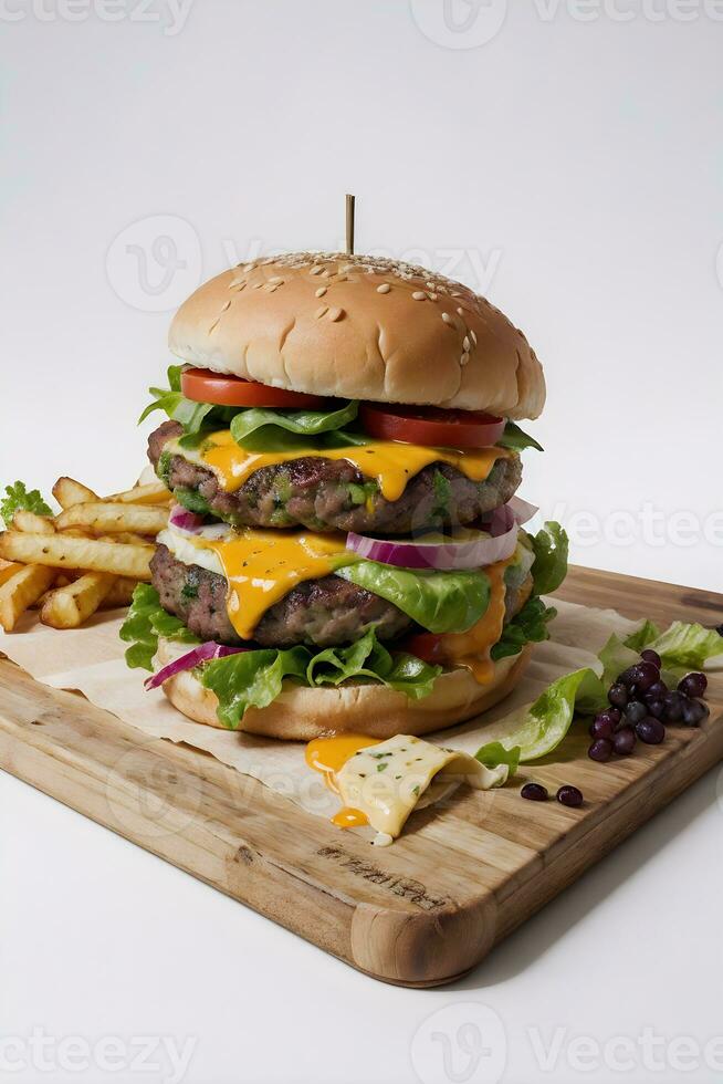 AI generated Cheese Burger with Fries in Wooden Cutting board Ai Generative photo