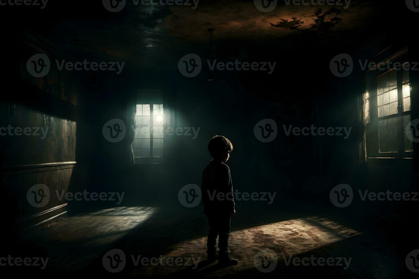 ai generado oscuro silueta de niño en misterioso habitación ai generativo foto