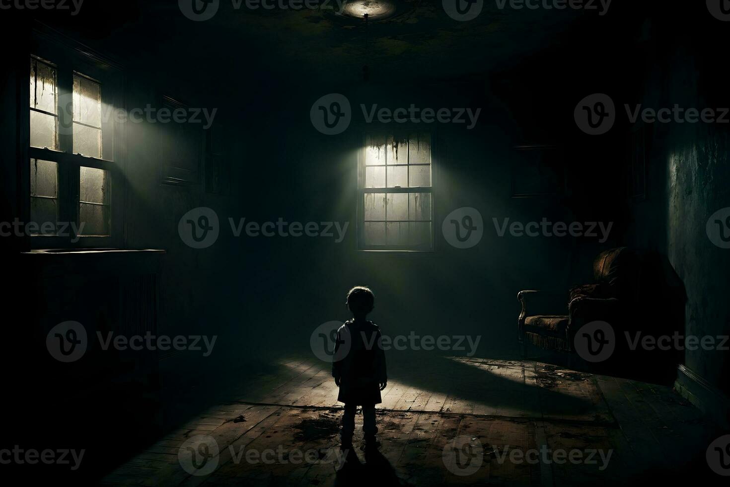 AI generated Dark silhouette of kid in Eerie Room Ai Generative photo