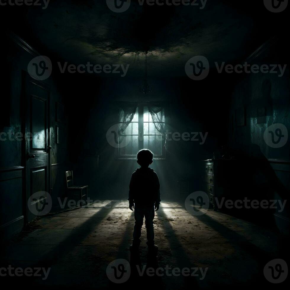 AI generated Dark silhouette of kid in Eerie Room Ai Generative photo
