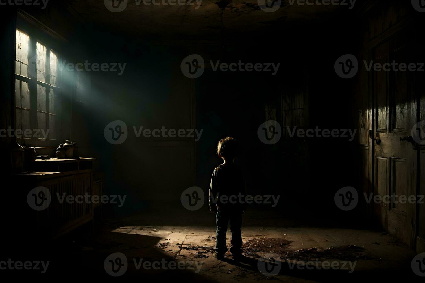 AI generated Dark silhouette of kid in Eerie Room Ai Generative photo