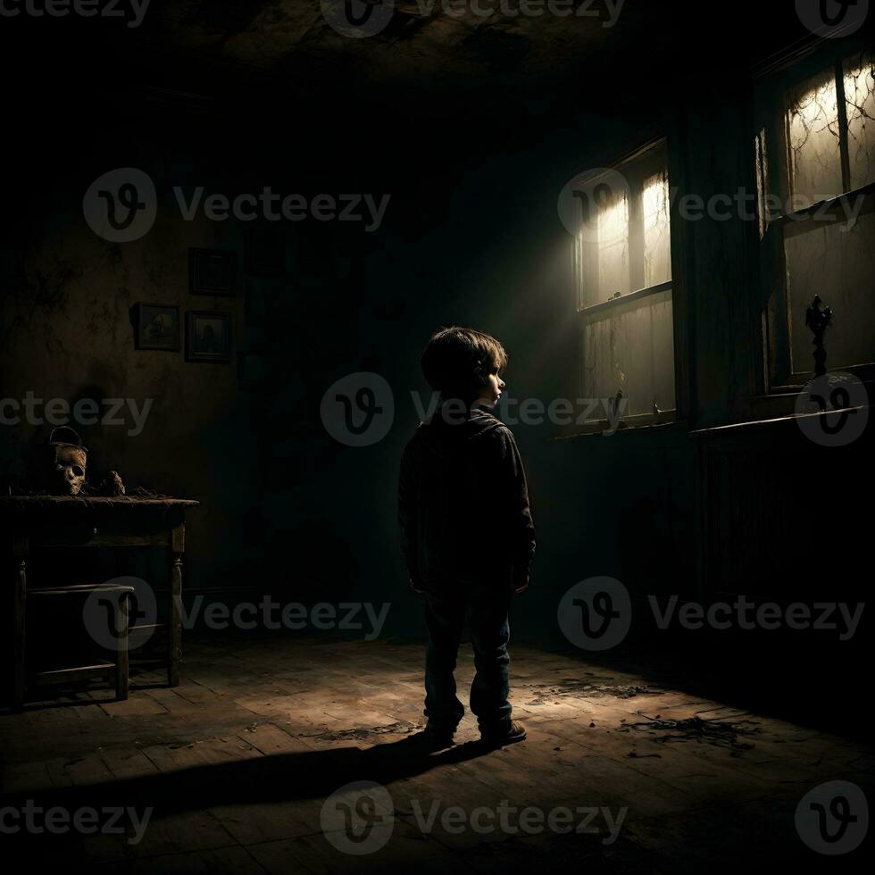 ai generado oscuro silueta de niño en misterioso habitación ai generativo foto