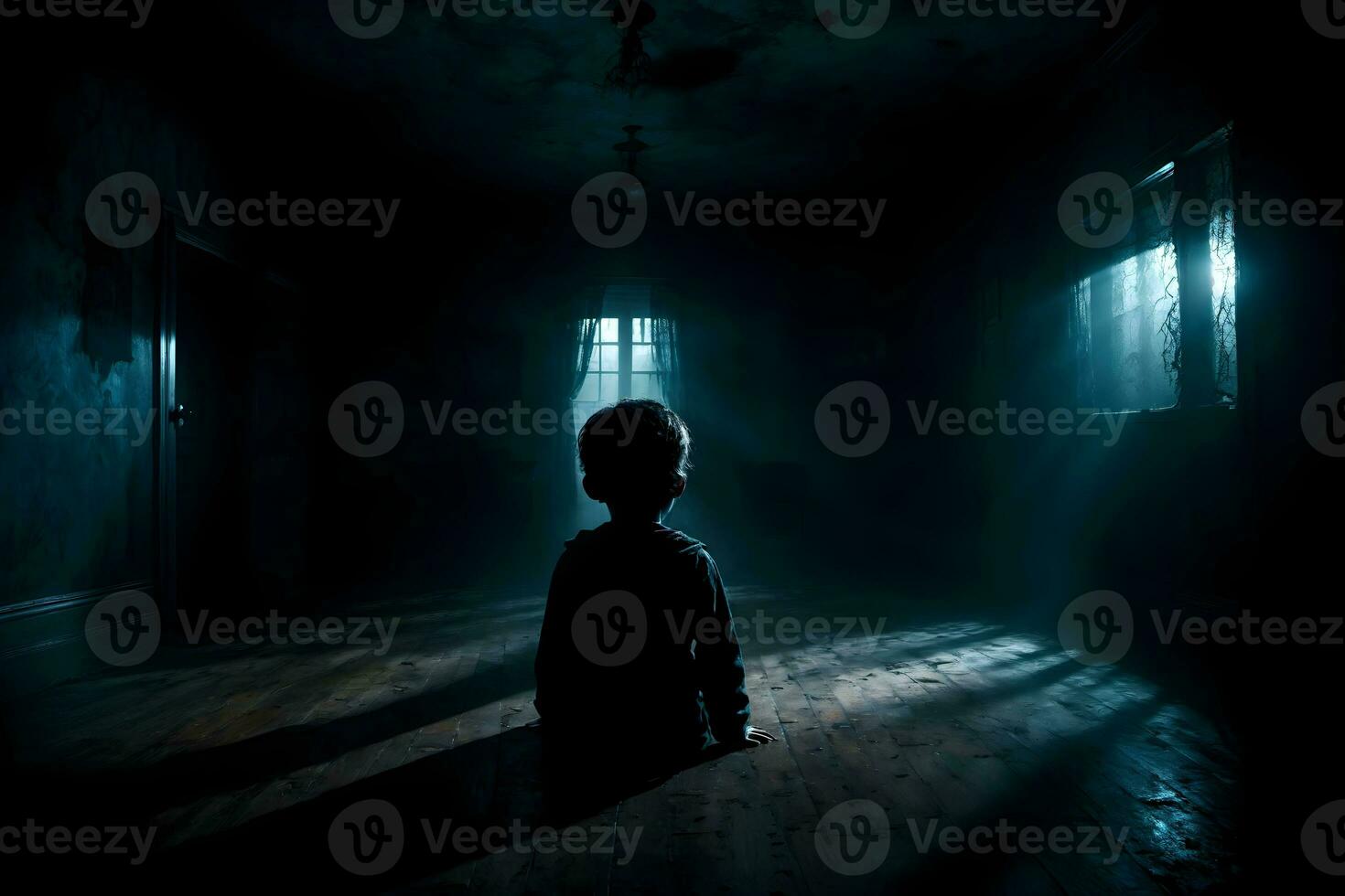 AI generated Dark silhouette of kid in Eerie Room Ai Generative photo