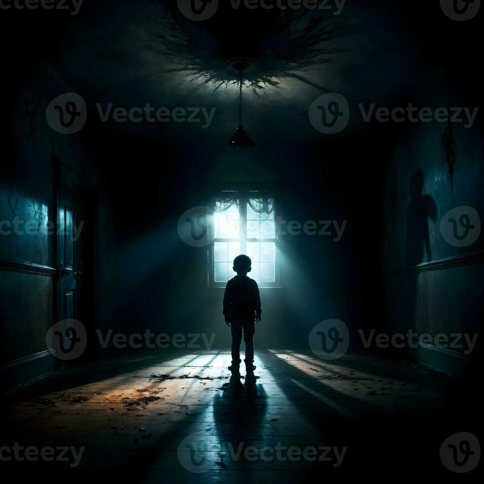 AI generated Dark silhouette of kid in Eerie Room Ai Generative photo