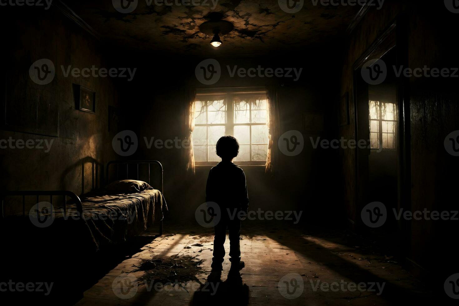 AI generated Dark silhouette of kid in Eerie Room Ai Generative photo