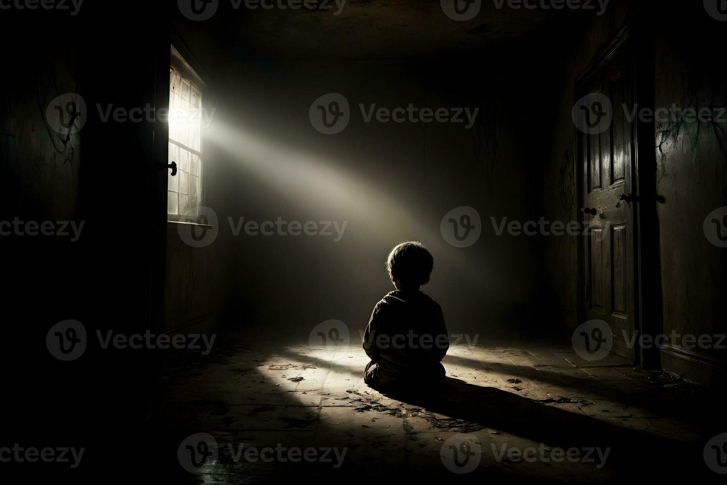 AI generated Dark silhouette of kid in Eerie Room Ai Generative photo