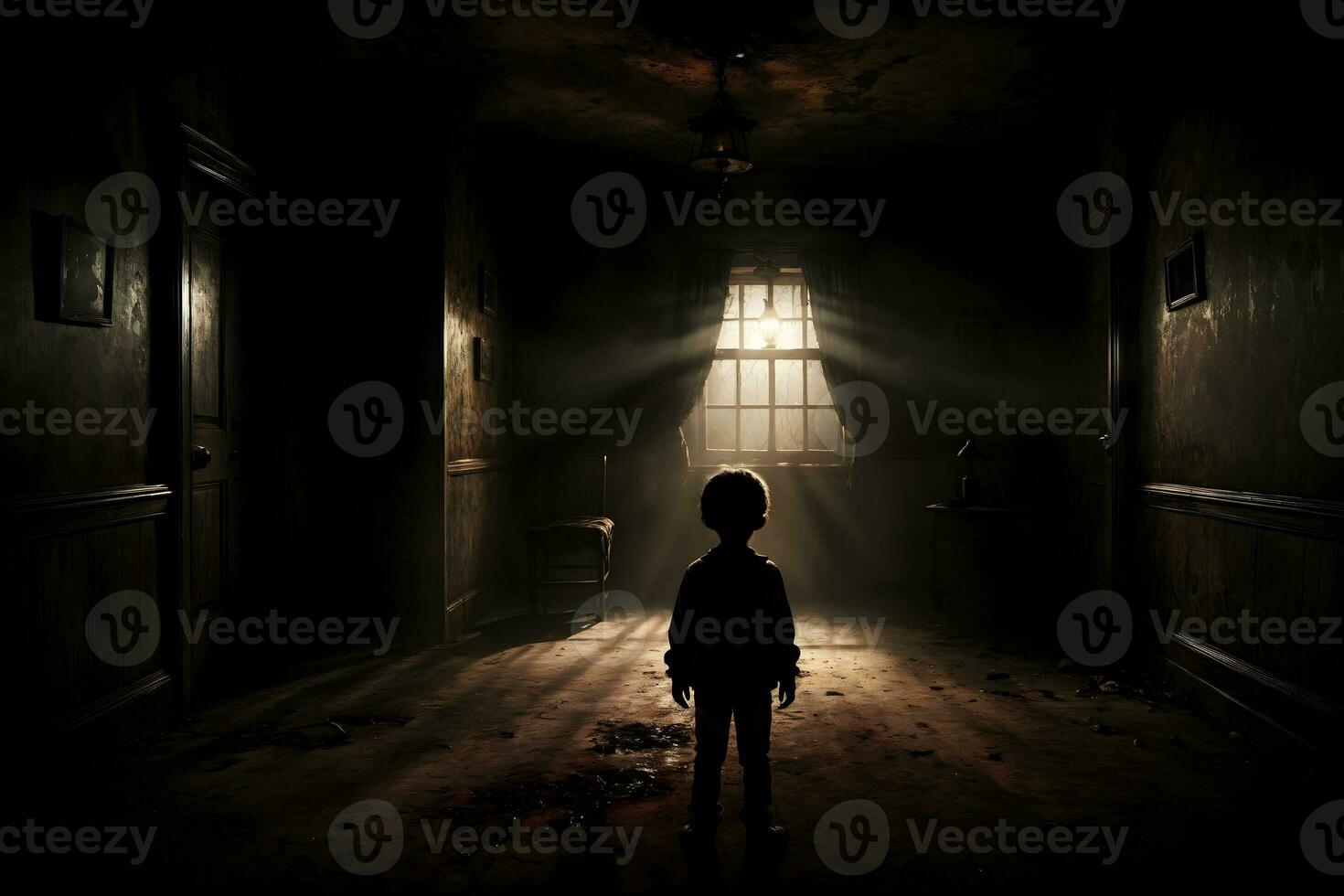AI generated Dark silhouette of kid in Eerie Room Ai Generative photo