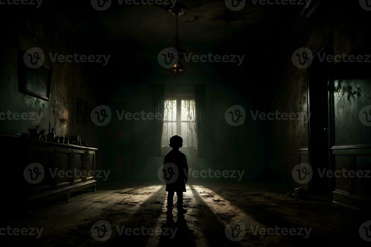 AI generated Dark silhouette of kid in Eerie Room Ai Generative photo