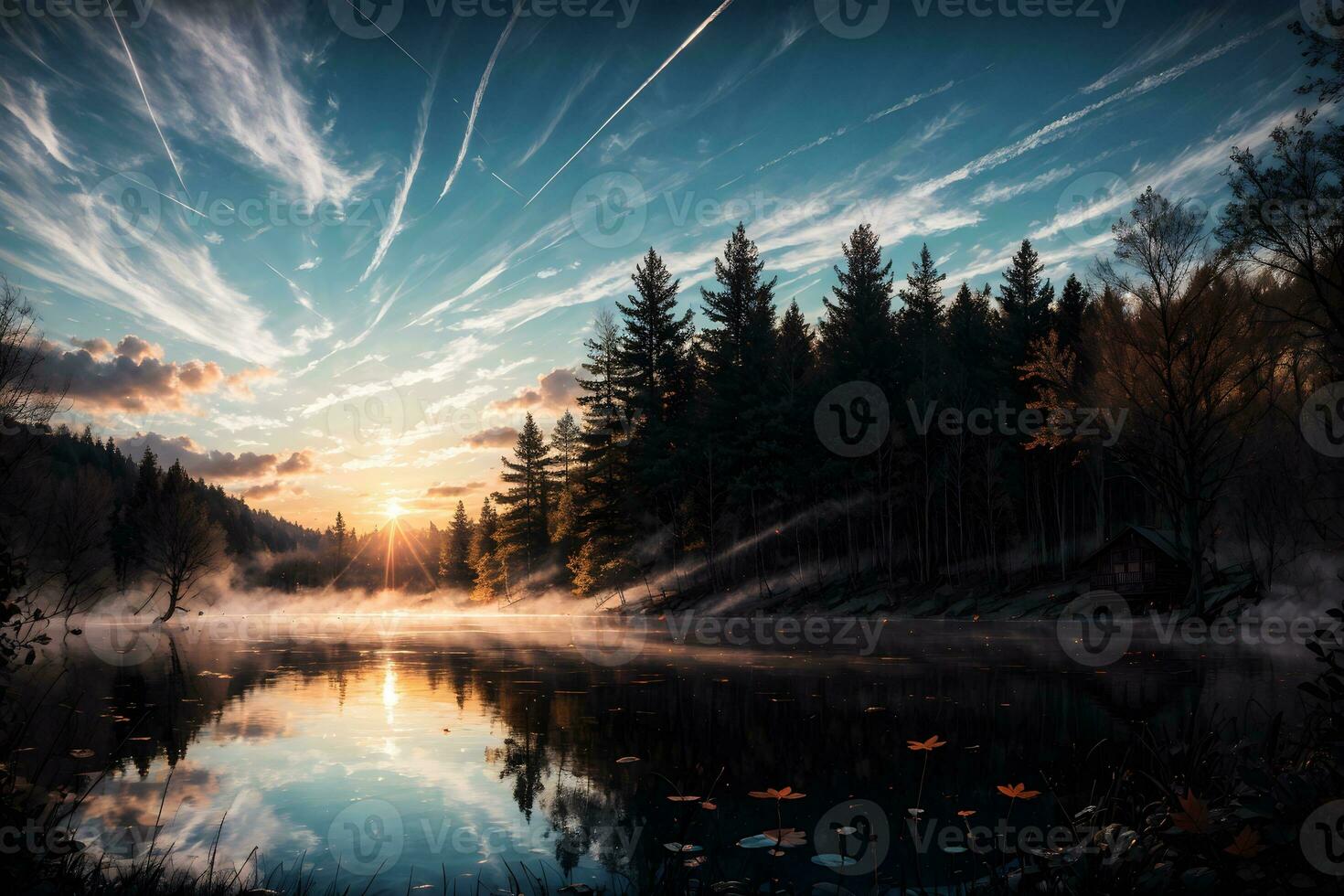 AI generated Golden Hour Ethereal Dreamy Lake House Ai Generative photo