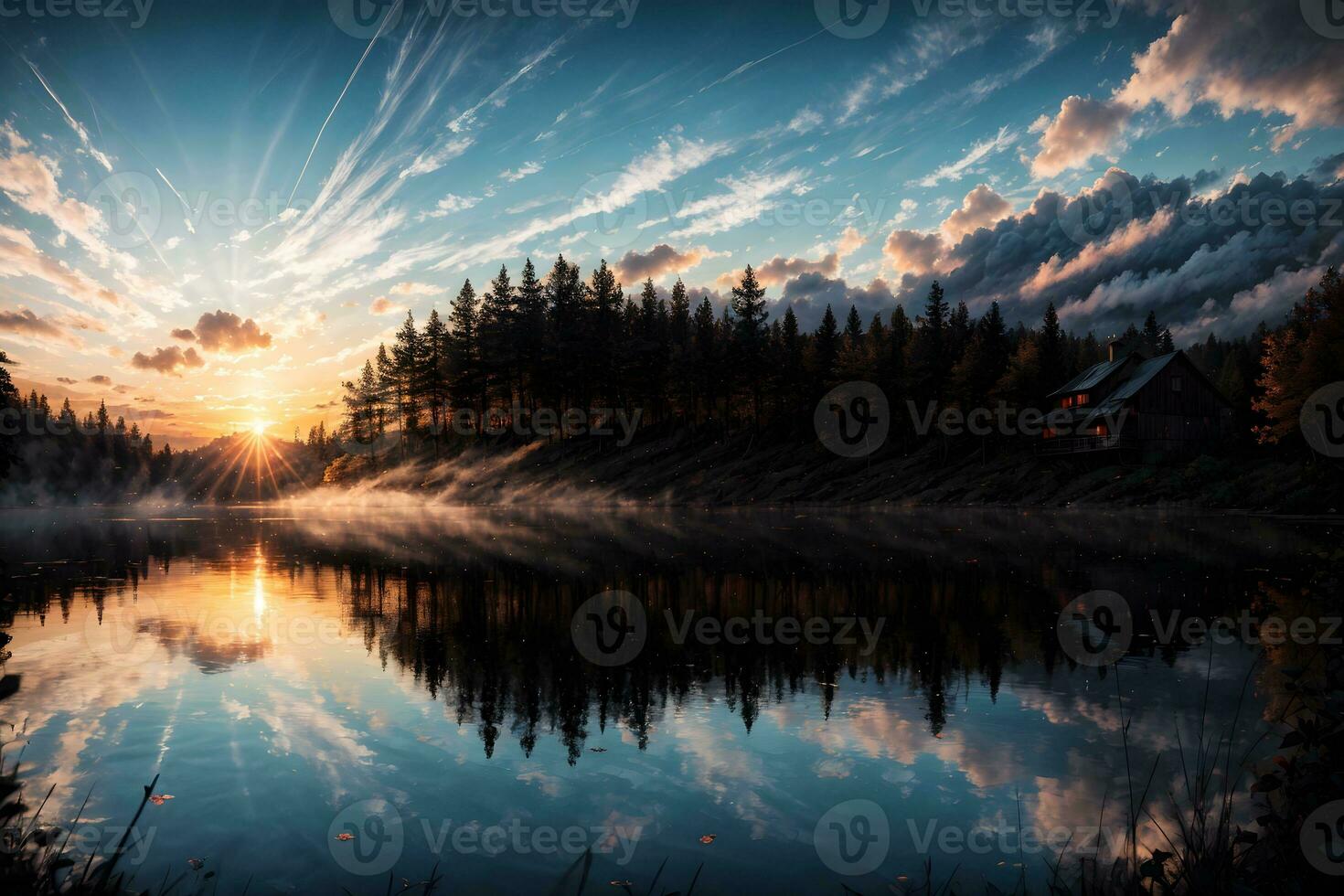 AI generated Golden Hour Ethereal Dreamy Lake House Ai Generative photo