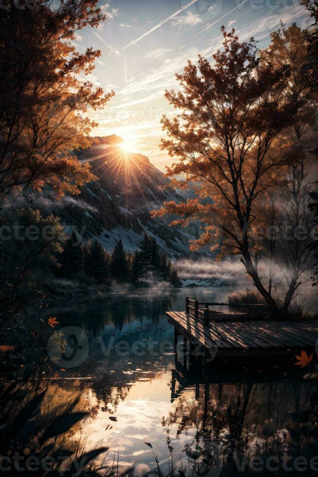 AI generated Golden Hour Ethereal Dreamy Lake House Ai Generative photo
