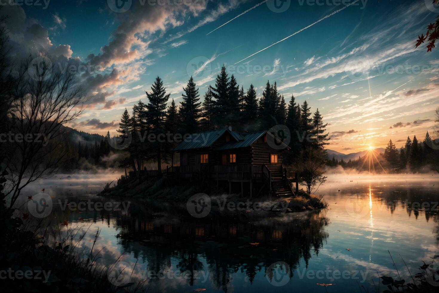 AI generated Golden Hour Ethereal Dreamy Lake House Ai Generative photo