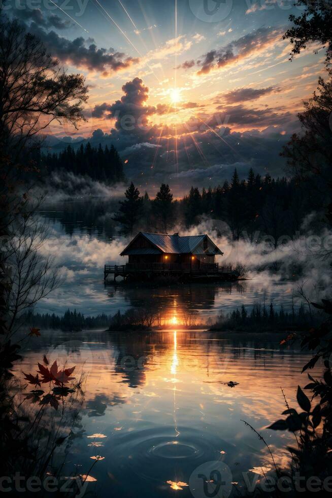 AI generated Golden Hour Ethereal Dreamy Lake House Ai Generative photo