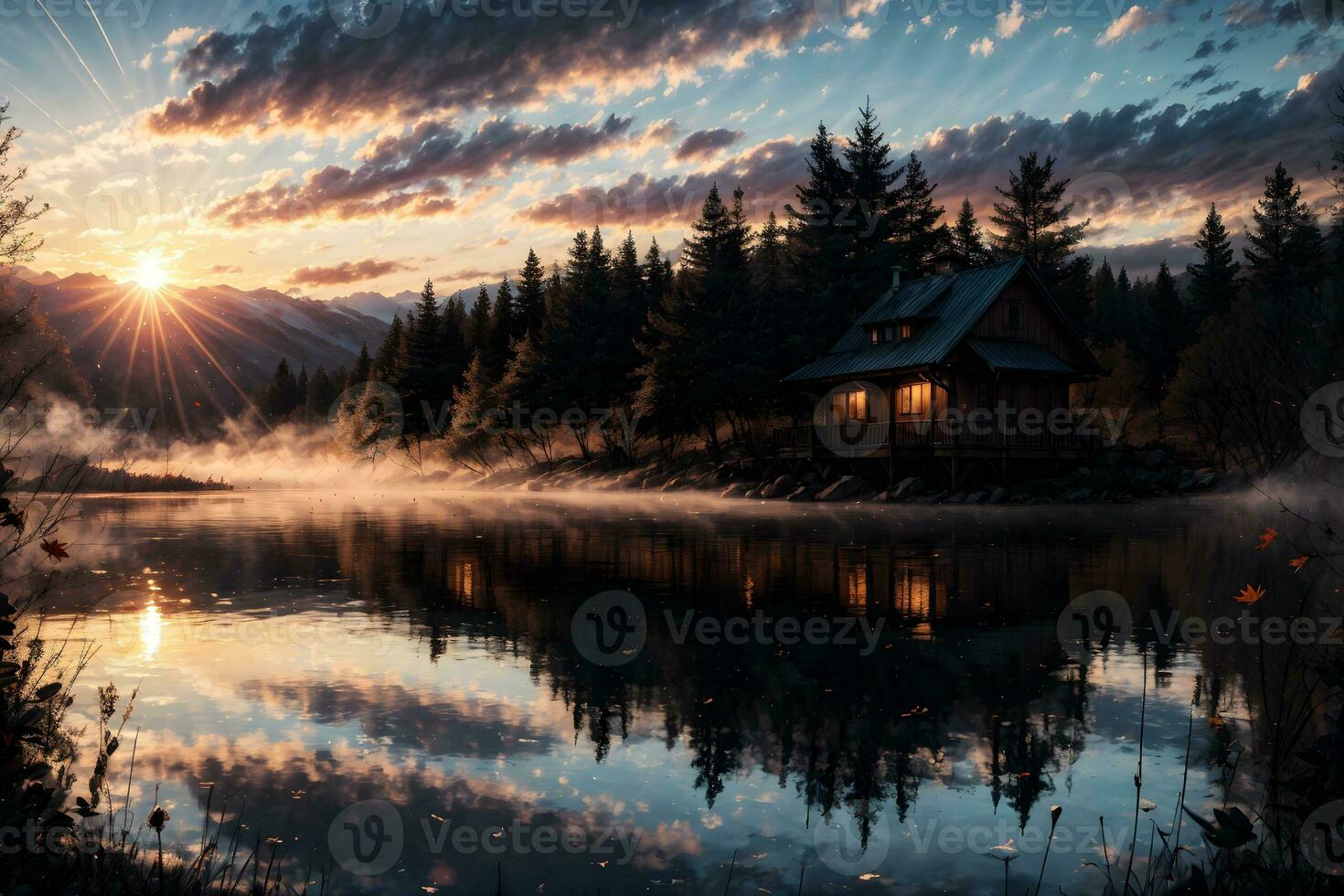 AI generated Golden Hour Ethereal Dreamy Lake House Ai Generative photo