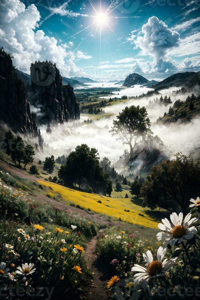 Flower Hill Scenery Background Ai Generative photo