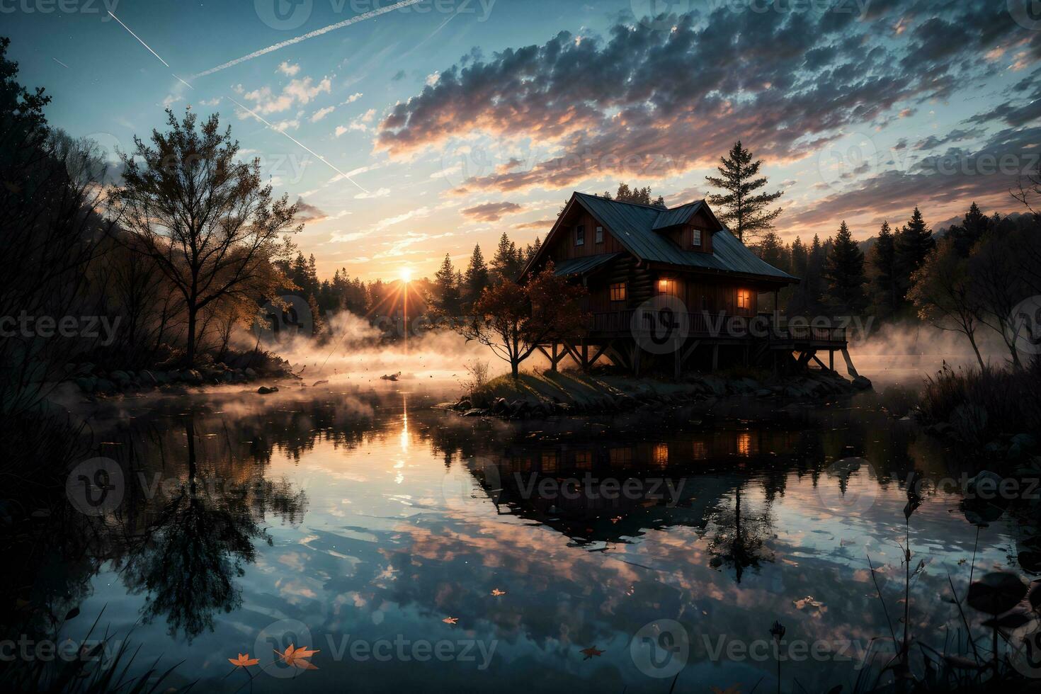 AI generated Golden Hour Ethereal Dreamy Lake House Ai Generative photo