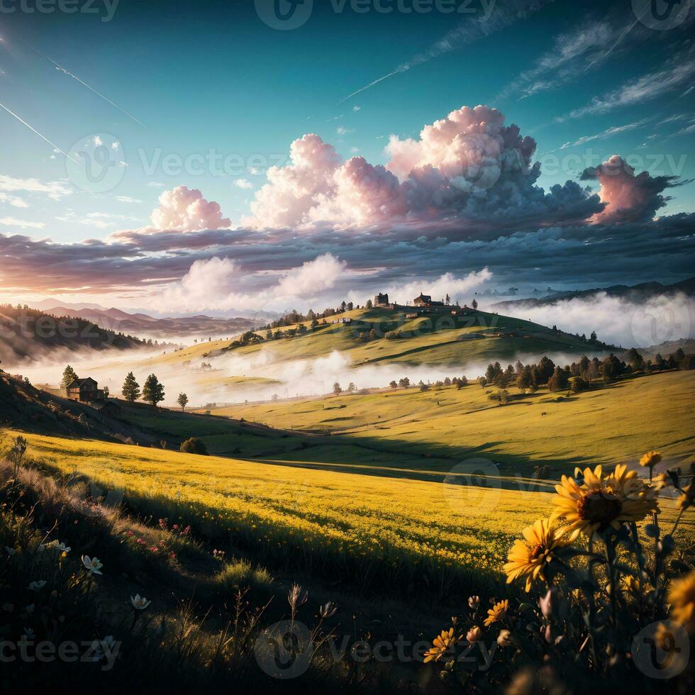 Flower Hill Scenery Background Ai Generative photo