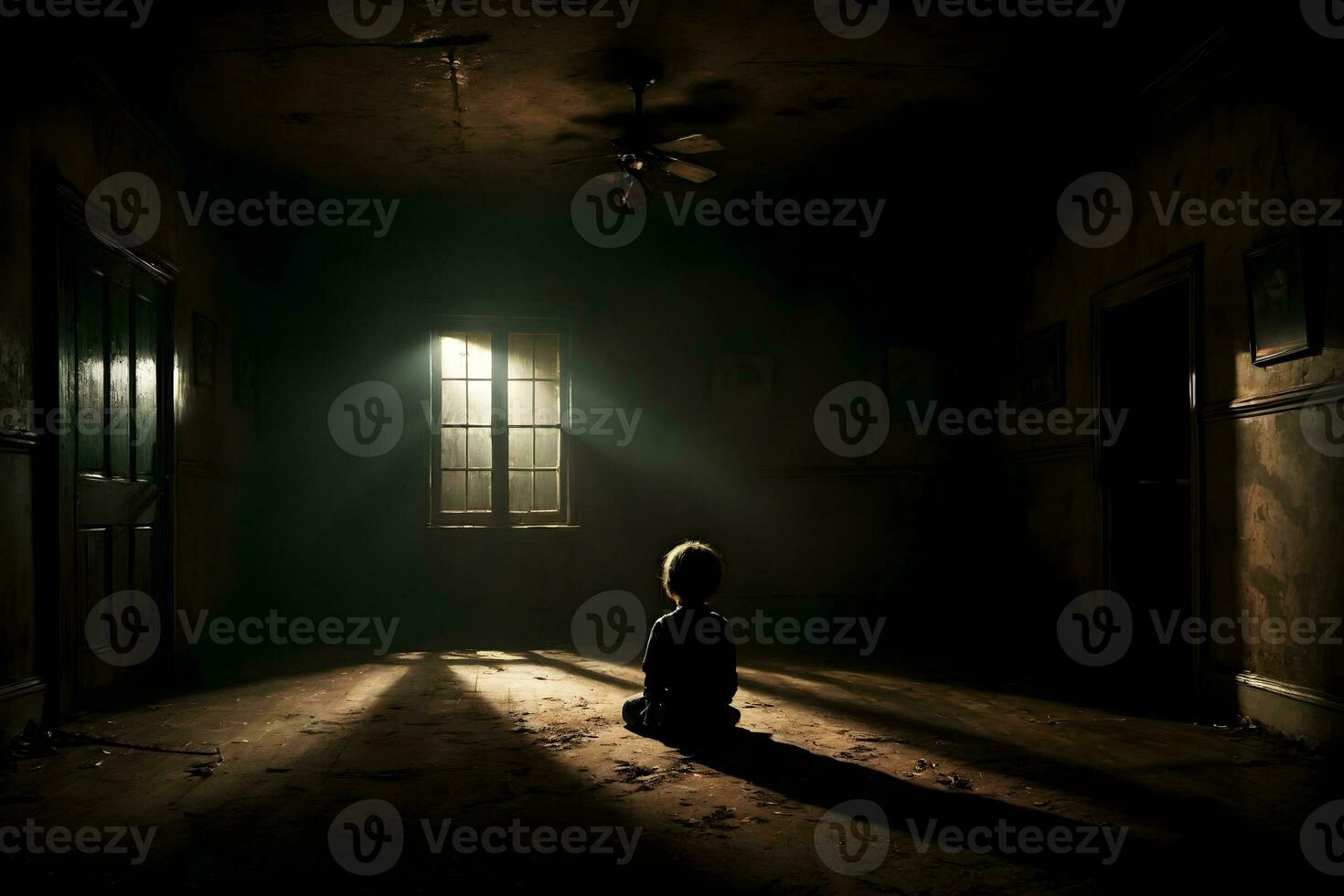 ai generado oscuro silueta de niño en misterioso habitación ai generativo foto