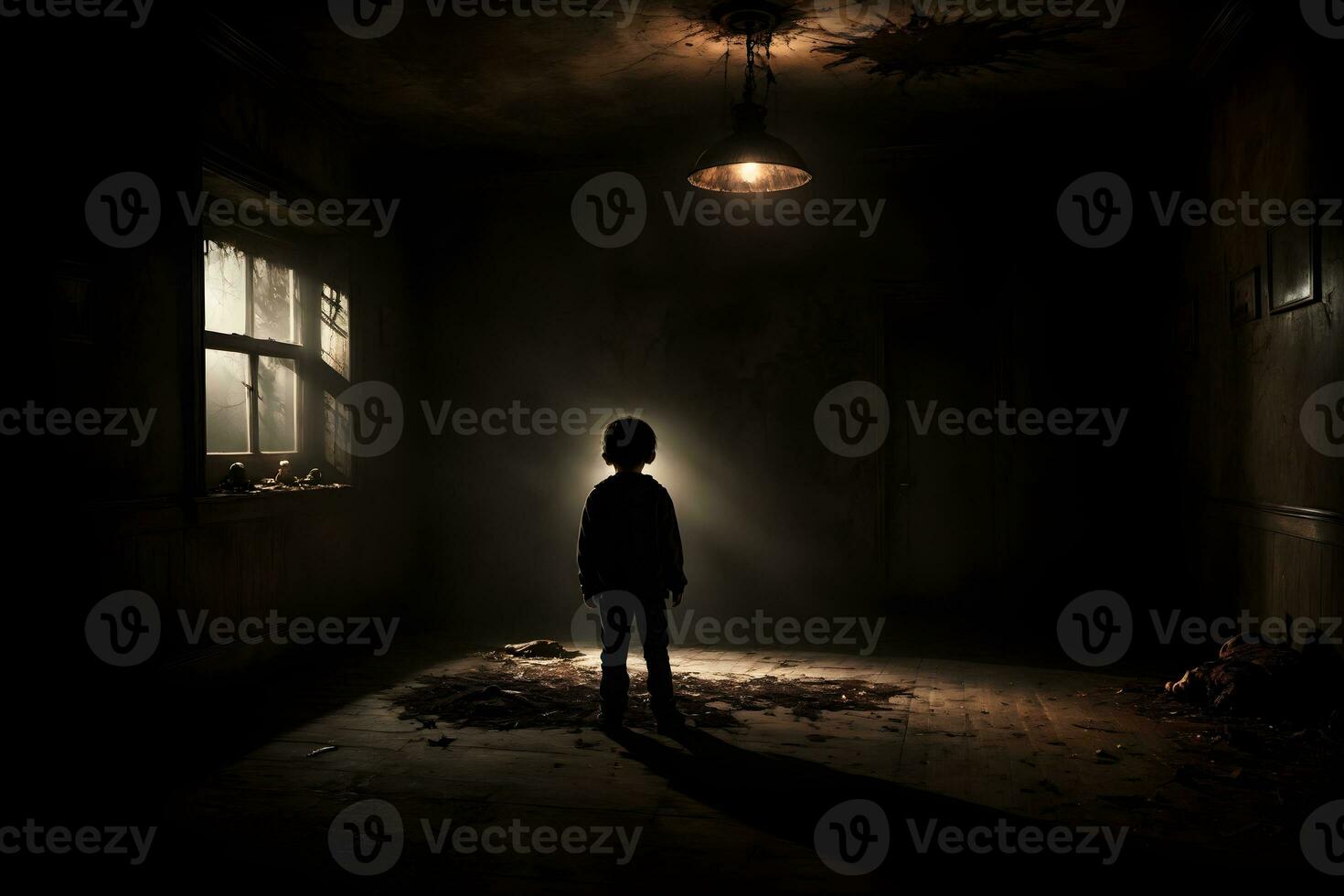 ai generado oscuro silueta de niño en misterioso habitación ai generativo foto