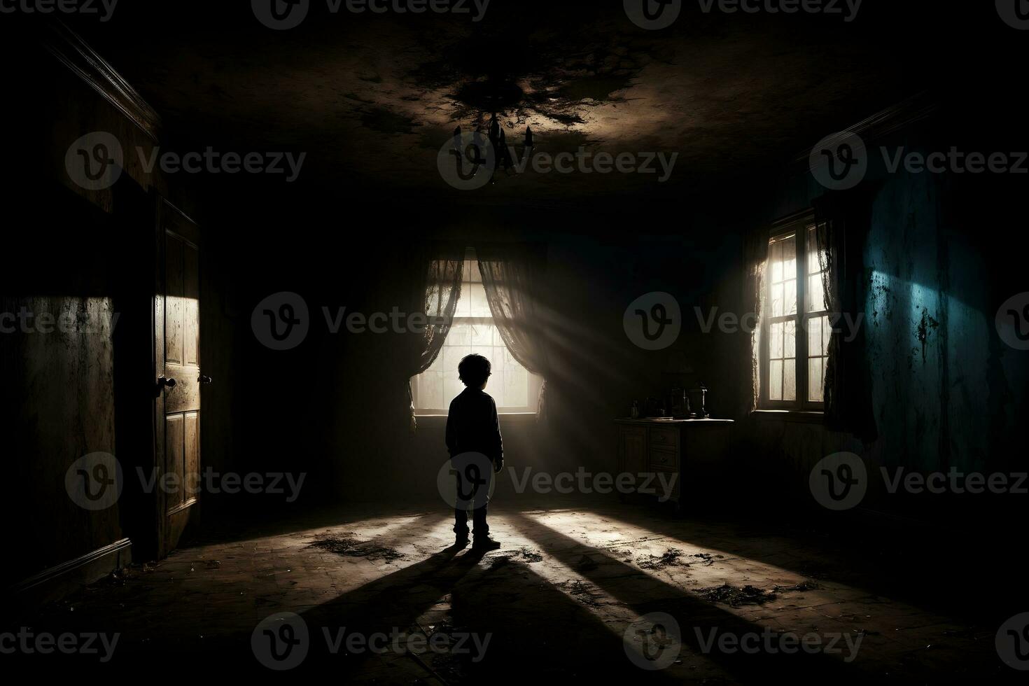 AI generated Dark silhouette of kid in Eerie Room Ai Generative photo