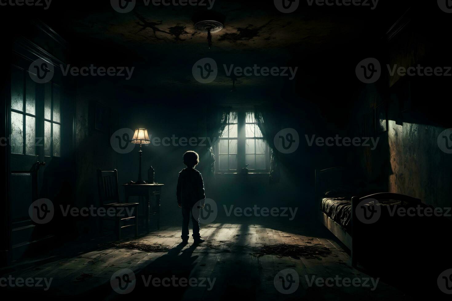 AI generated Dark silhouette of kid in Eerie Room Ai Generative photo