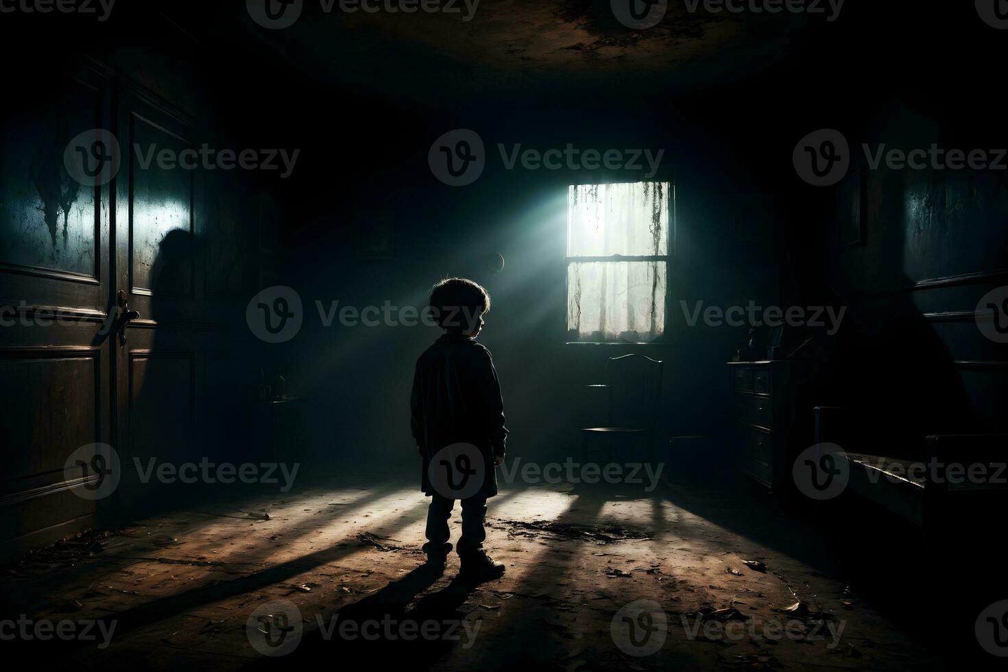 ai generado oscuro silueta de niño en misterioso habitación ai generativo foto