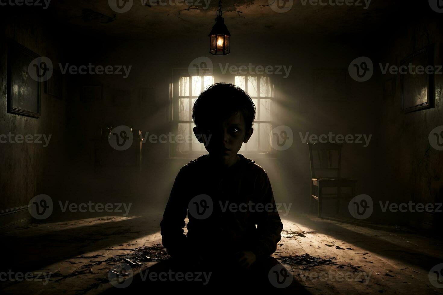 ai generado oscuro silueta de niño en misterioso habitación ai generativo foto