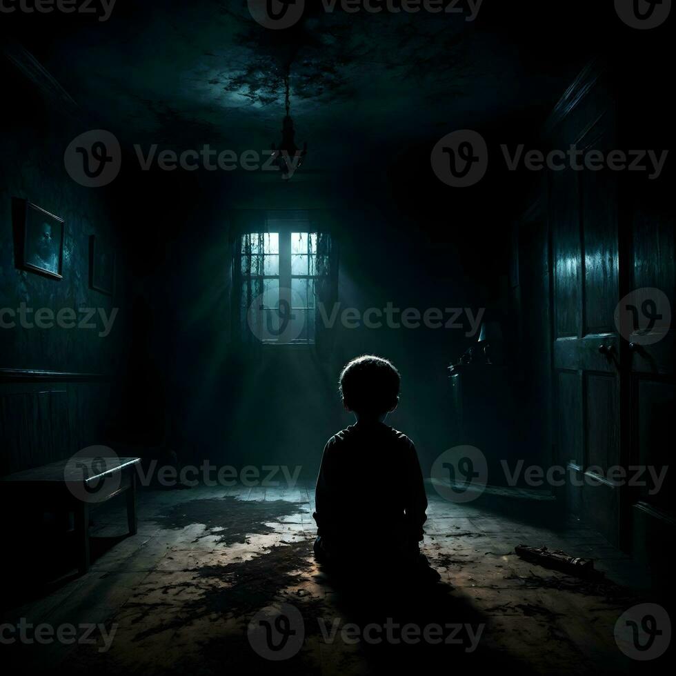 ai generado oscuro silueta de niño en misterioso habitación ai generativo foto