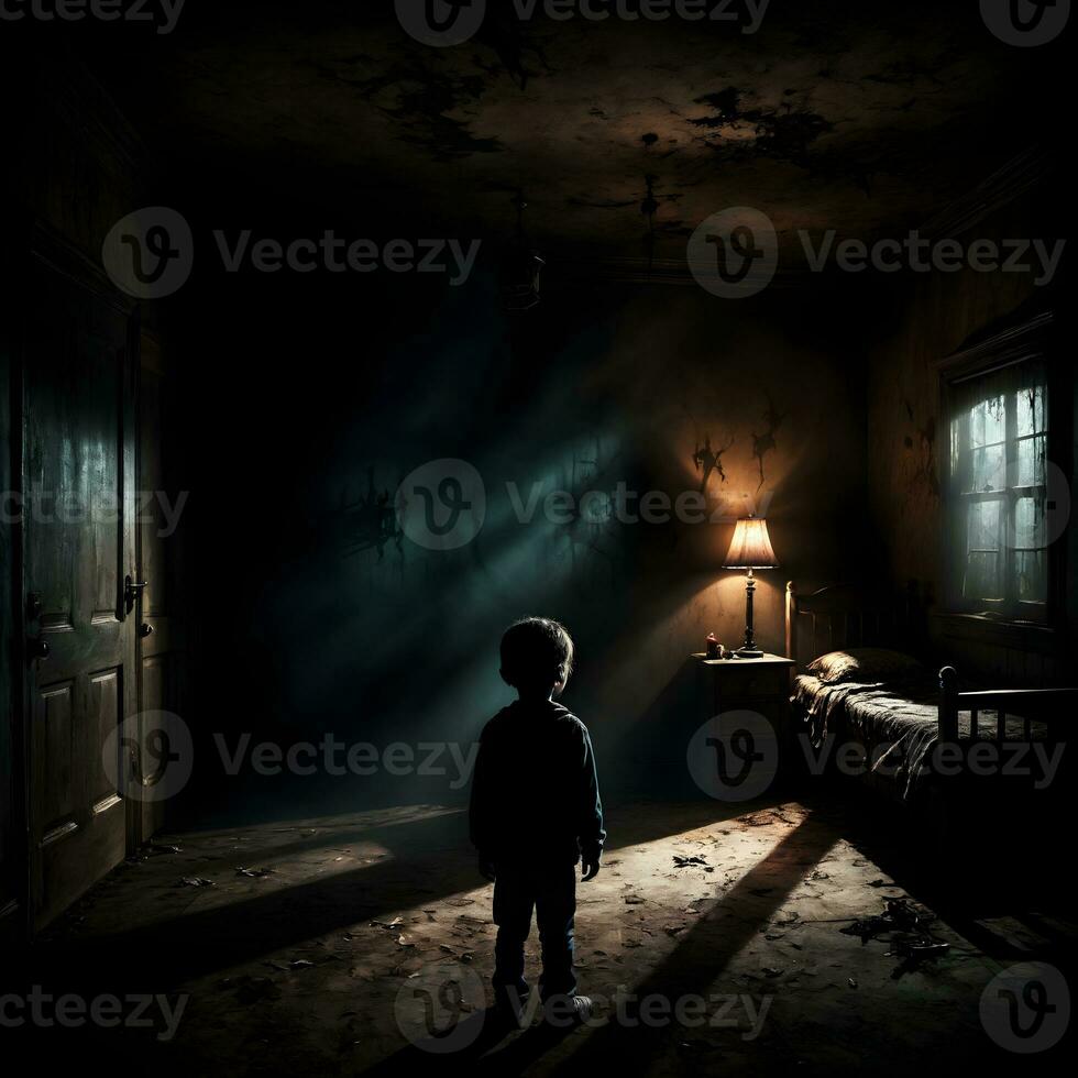 ai generado oscuro silueta de niño en misterioso habitación ai generativo foto