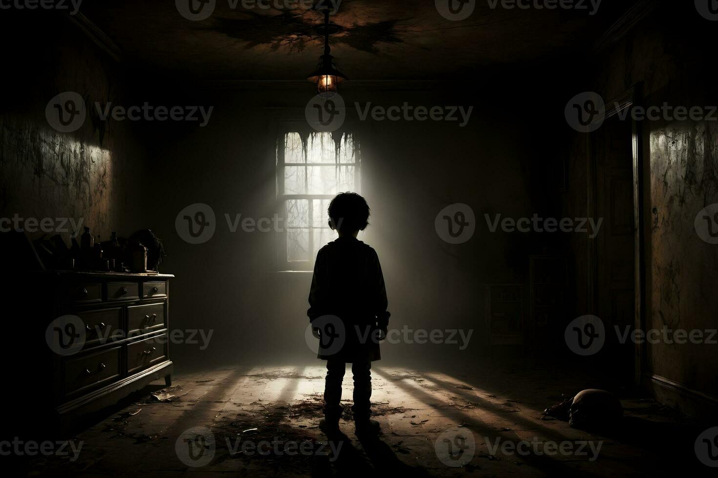 ai generado oscuro silueta de niño en misterioso habitación ai generativo foto