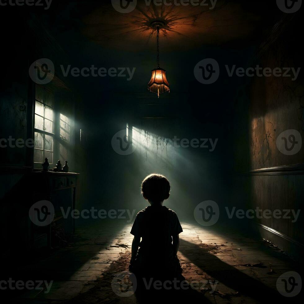 ai generado oscuro silueta de niño en misterioso habitación ai generativo foto