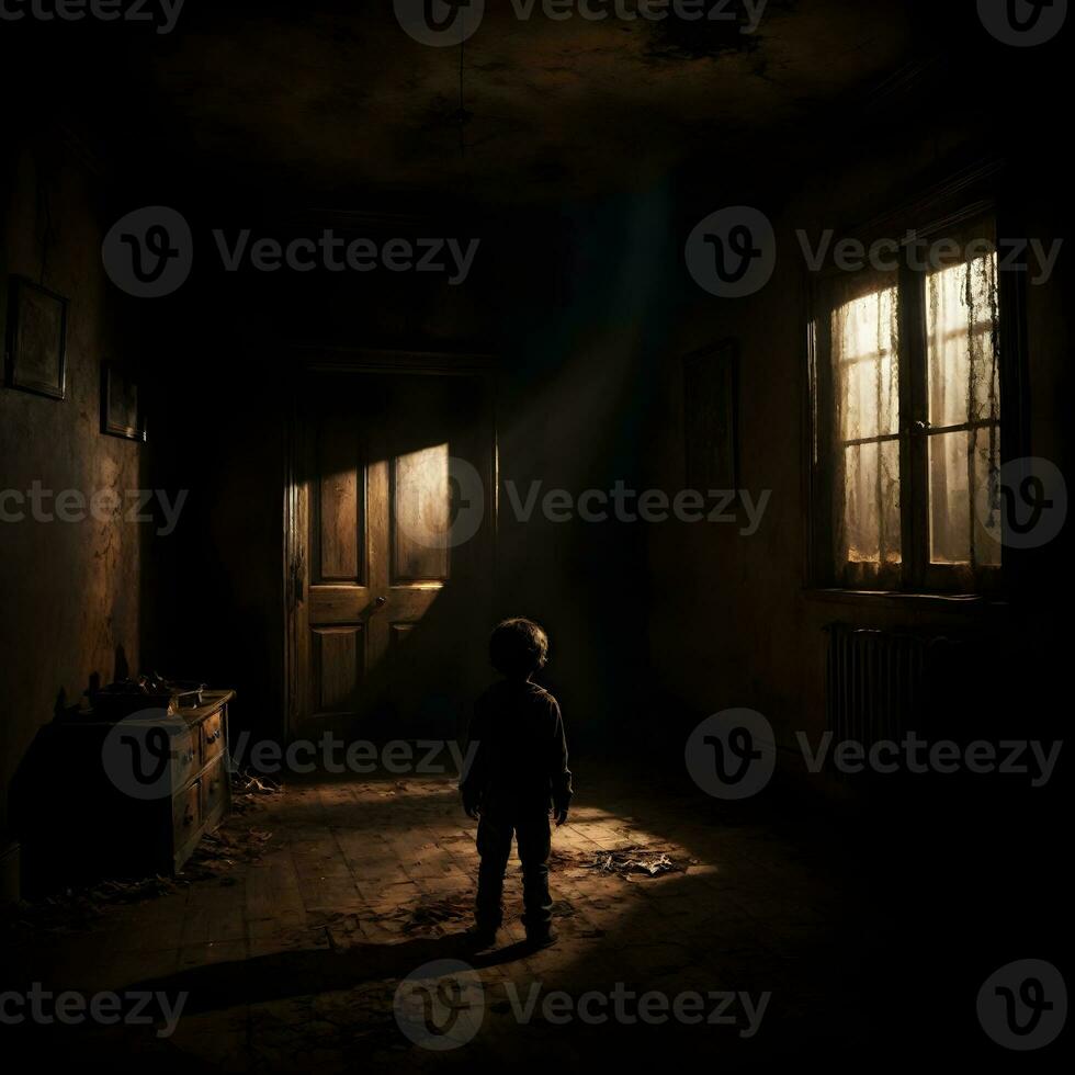 AI generated Dark silhouette of kid in Eerie Room Ai Generative photo