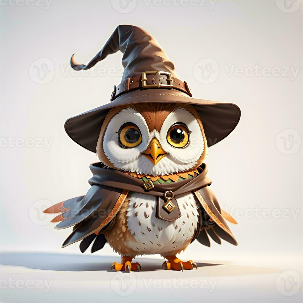 Fantasy Owl Wizard 3D in White Background Ai Genereative photo