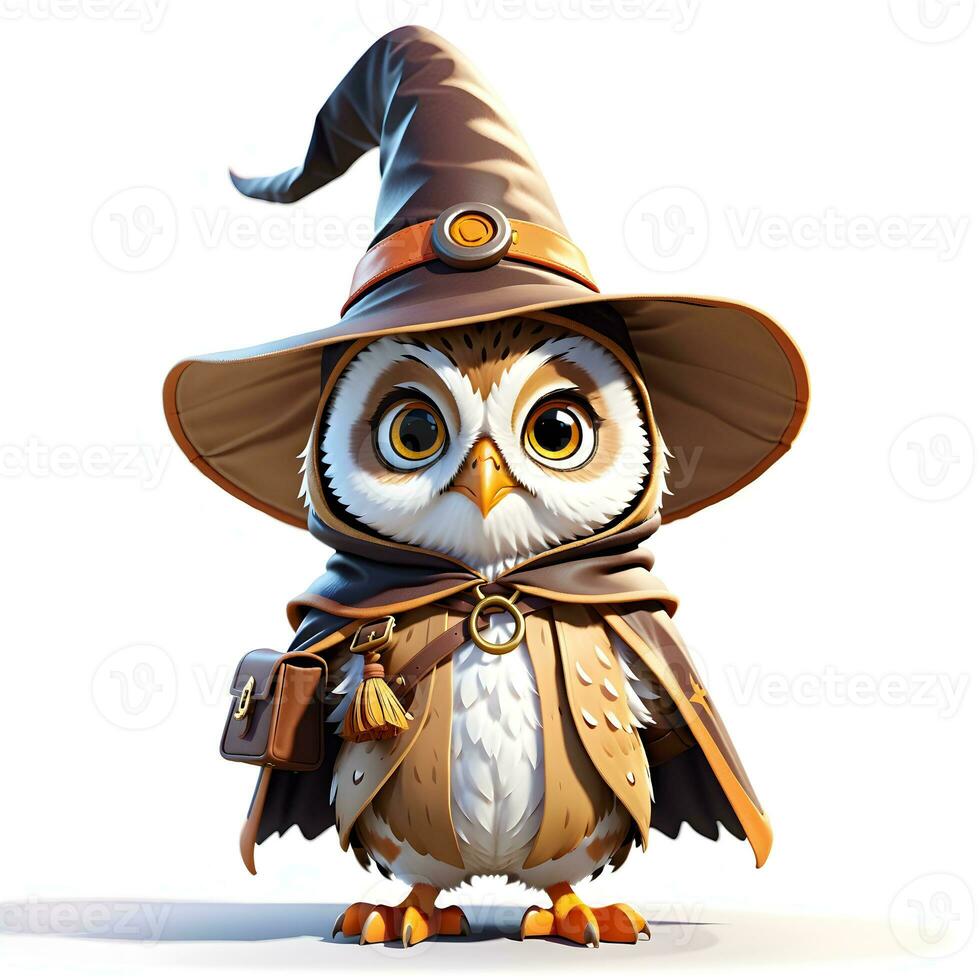 Fantasy Owl Wizard 3D in White Background Ai Generative photo