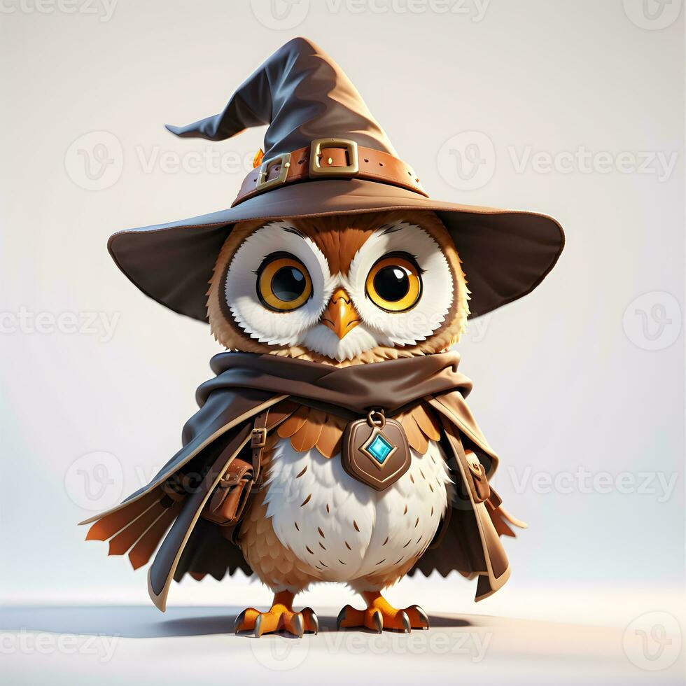 Fantasy Owl Wizard 3D in White Background Ai Generative photo
