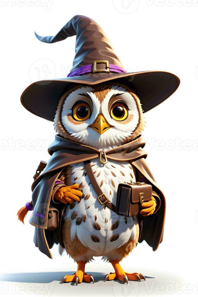 Fantasy Owl Wizard 3D in White Background Ai Generative photo