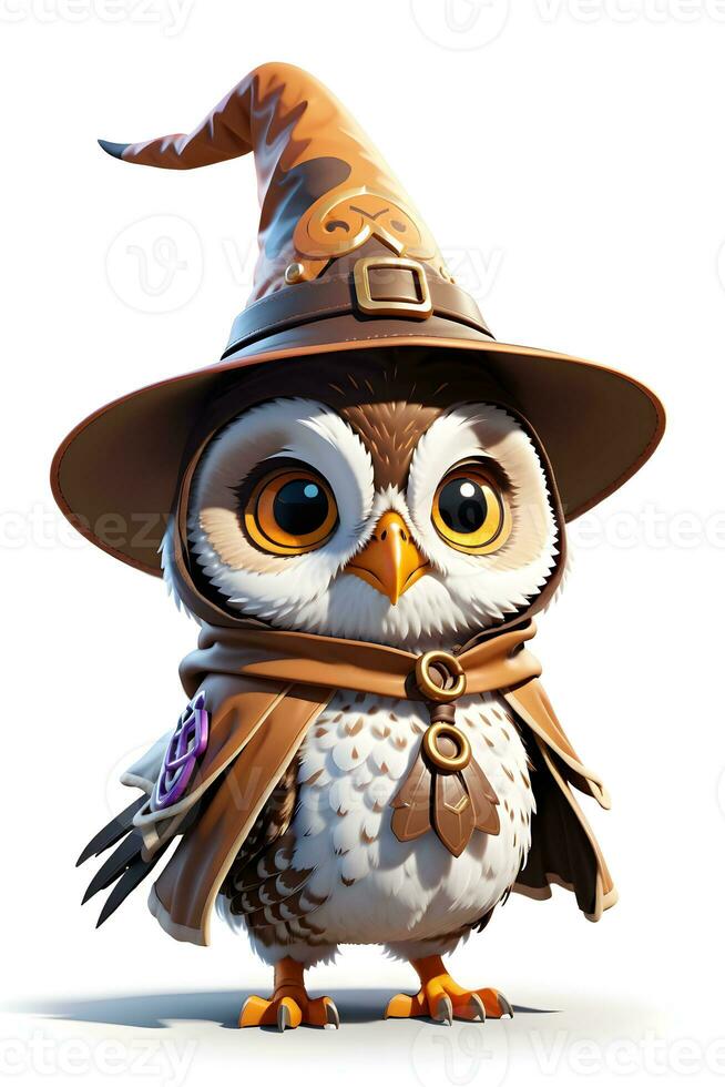 Fantasy Owl Wizard 3D in White Background Ai Genereative photo