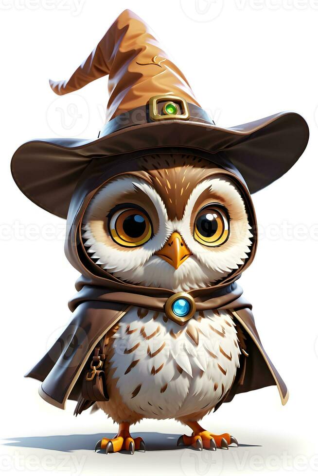 Fantasy Owl Wizard 3D in White Background Ai Generative photo
