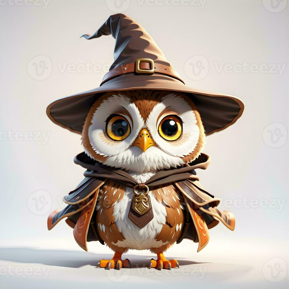 Fantasy Owl Wizard 3D in White Background Ai Genereative photo