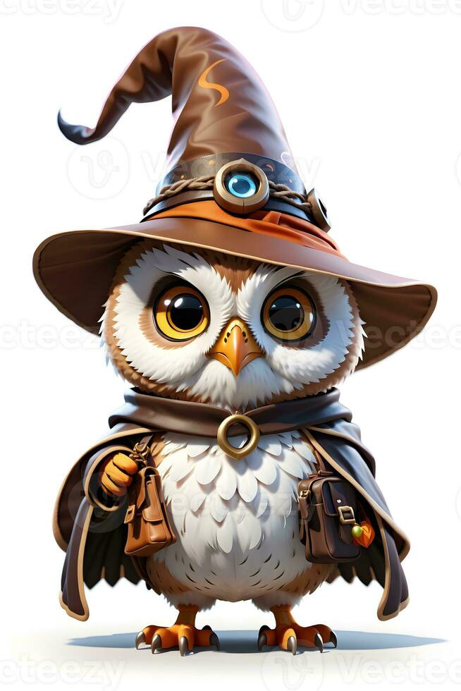 Fantasy Owl Wizard 3D in White Background Ai Generative photo