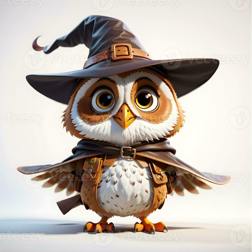 Fantasy Owl Wizard 3D in White Background Ai Generative photo