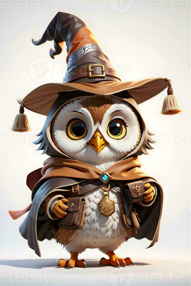 Fantasy Owl Wizard 3D in White Background Ai Generative photo
