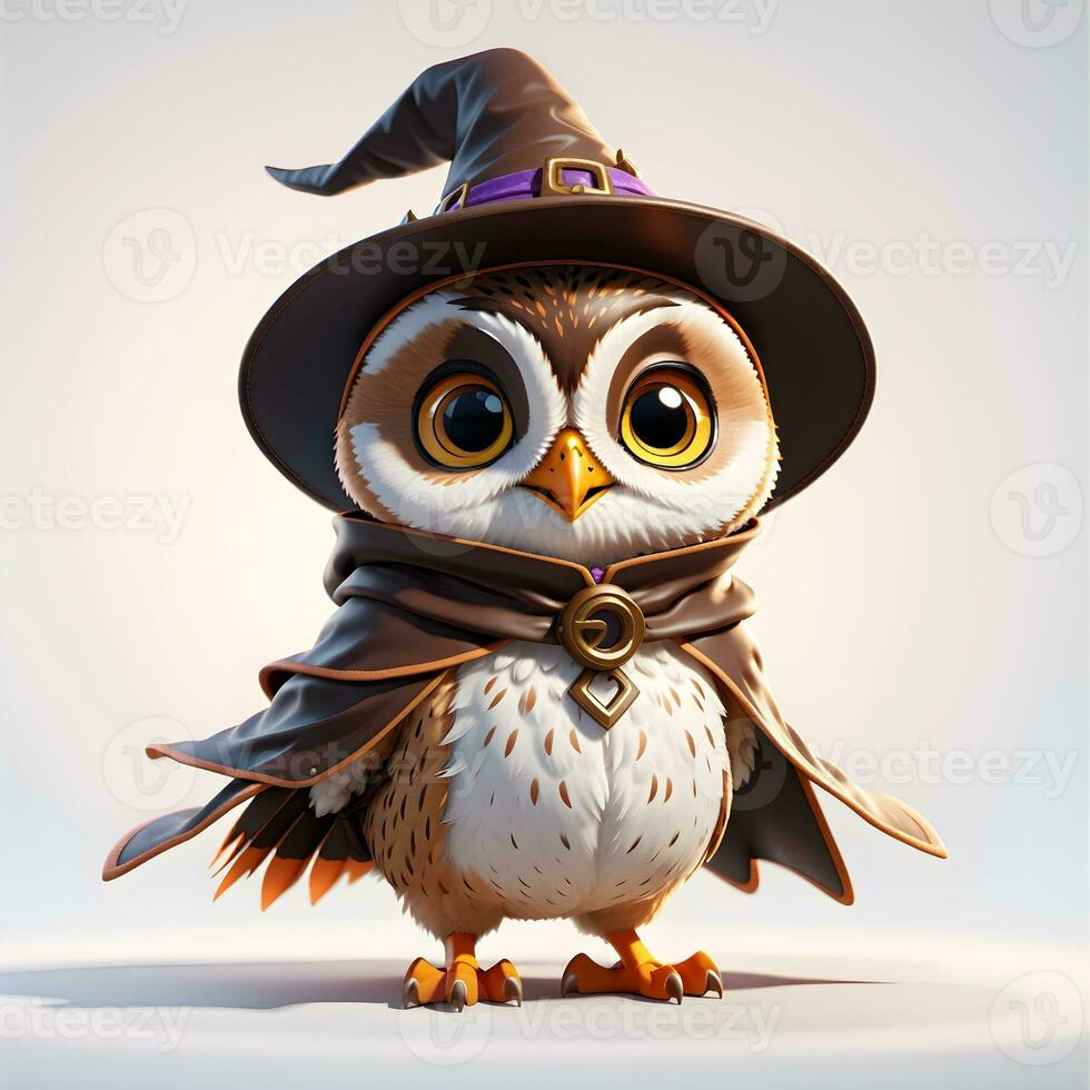 Fantasy Owl Wizard 3D in White Background Ai Genereative photo