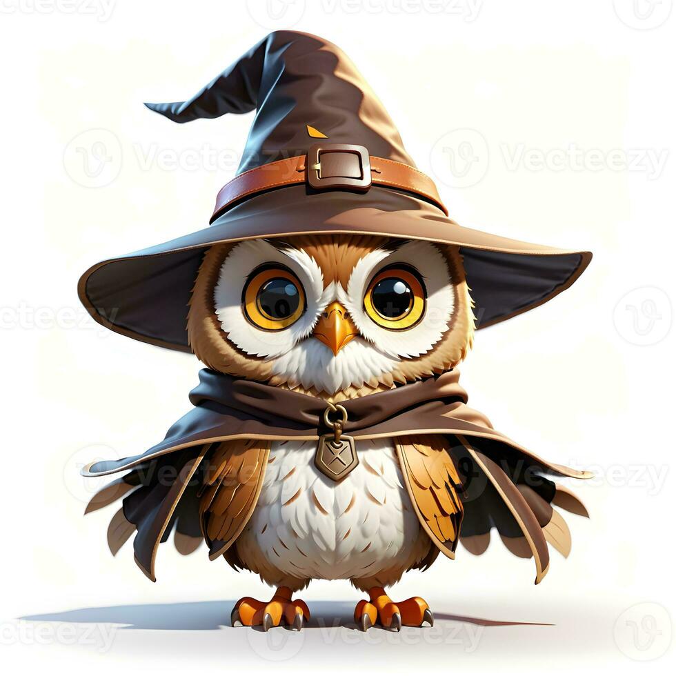 Fantasy Owl Wizard 3D in White Background Ai Genereative photo