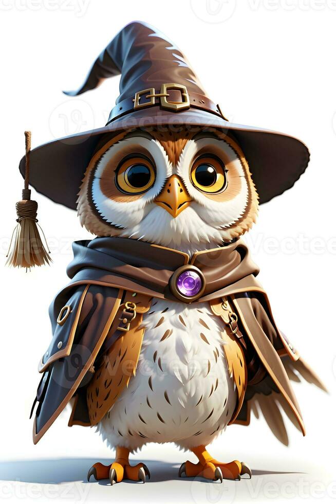 Fantasy Owl Wizard 3D in White Background Ai Generative photo