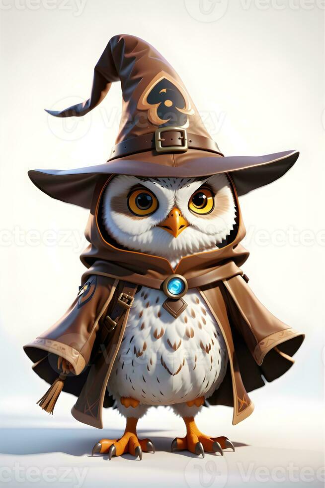 Fantasy Owl Wizard 3D in White Background Ai Genereative photo