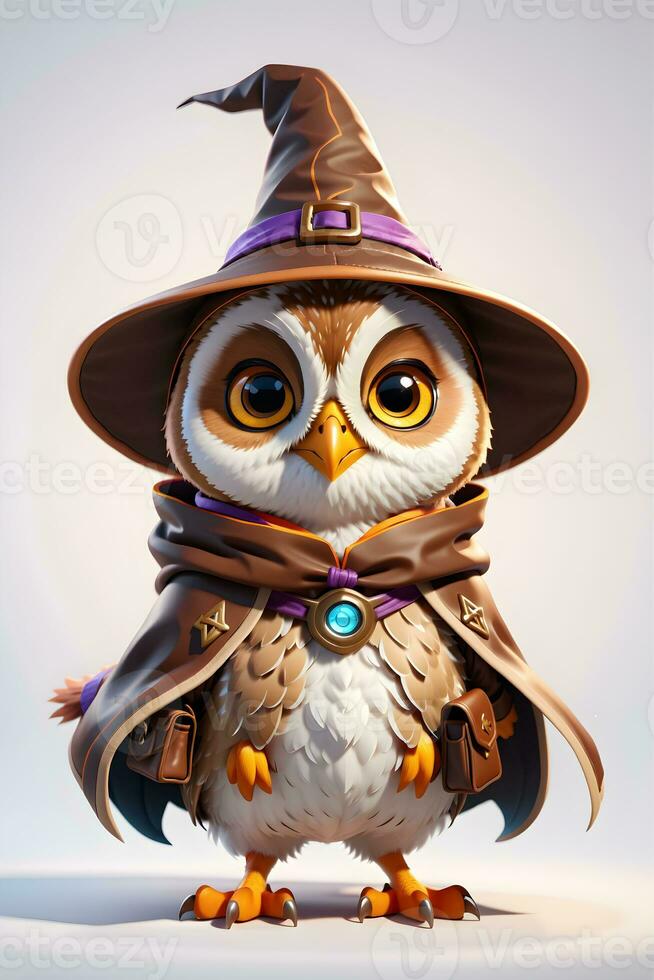 Fantasy Owl Wizard 3D in White Background Ai Genereative photo