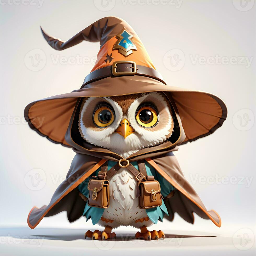 Fantasy Owl Wizard 3D in White Background Ai Genereative photo