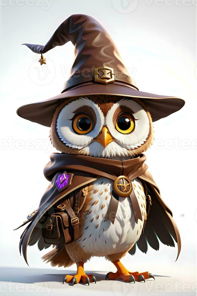 Fantasy Owl Wizard 3D in White Background Ai Genereative photo