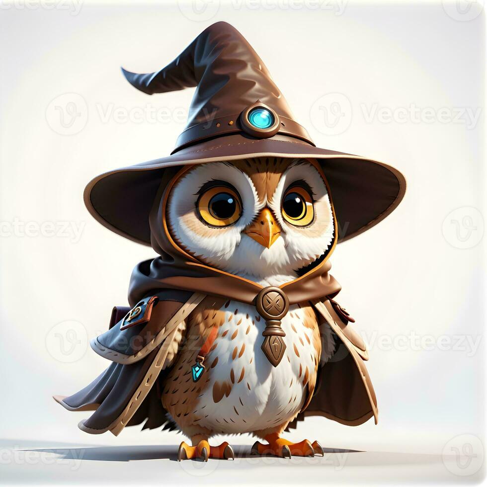 Fantasy Owl Wizard 3D in White Background Ai Genereative photo